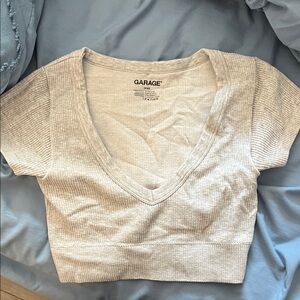 Garage Ribbed V-Neck Crop Top in Light Beige